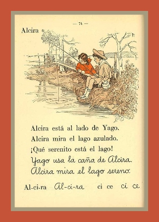 Hoja del libro de lectura Veo y Leo de Ernestina López, editado en 1920 por la Editorial Coni, en dónde figura la lectura recomendada, Alcira.